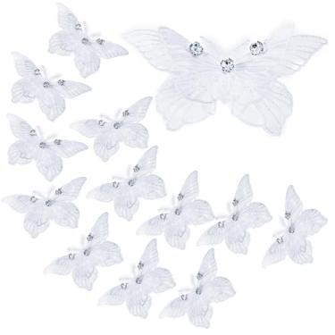 Imagem de FixrWre 12 peças 3D strass renda bordado borboletas apliques, costura artesanato dupla camada organza remendos para vestido de noiva casamento roupas chapéu cortina (branco)