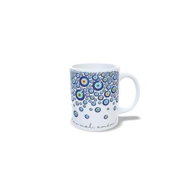 Imagem de Caneca de Cerâmica Olho Grego, Branco e Azul, 325ml, com Estampa de Olhos e Mãos de Hamsá (10563)