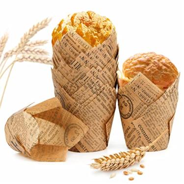 Imagem de Spesh 100 peças formas de muffin de papel em forma de tulipa formas de cupcake tulipa copos de cozimento descartáveis para casamentos aniversário festa de páscoa reunião familiar (jornal de cor básica