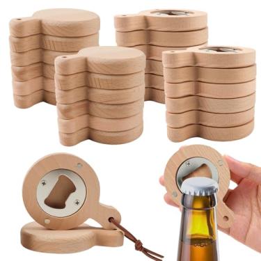 Imagem de 24 peças abridor de garrafas com cordão, abridor de garrafas magnético, abre-cerveja, bambu, formato redondo, para geladeira, amante de cerveja, casamento, convidado, cozinhas, bares, festas