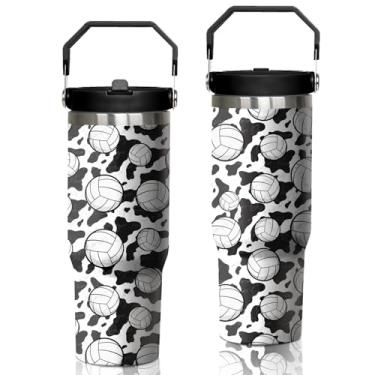 Imagem de Copo de vôlei de 850 g com alça e canudo dobrável para mulheres e homens, presente de aniversário de dia das mães, copo de aço inoxidável isolado para amantes de esportes com tampa, caneca de café