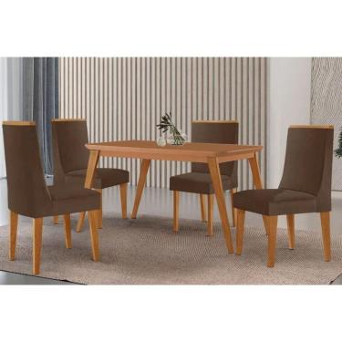 Imagem de Sala Jantar Mesa Havana Tampo Curvo 120cm+4 Cadeiras Dakota Madeira Naturale - Capuccino/Suede Marrom - Rufato
