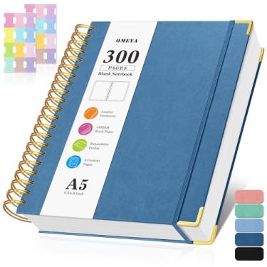 Imagem de Caderno espiral em branco: caderno de esboço de couro, caderno de capa dura sem forro de 300 páginas para mulheres e homens, diário de papel grosso sem vazamento de 100GSM, caderno de desenho A5