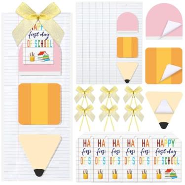Imagem de Tenceur 6 conjuntos de notas adesivas para lápis com cartão do primeiro dia de escola e laço dourado, 7,5 x 7,5 cm, bloco autoadesivo de volta às aulas, 180 folhas, bloco de notas para presentes