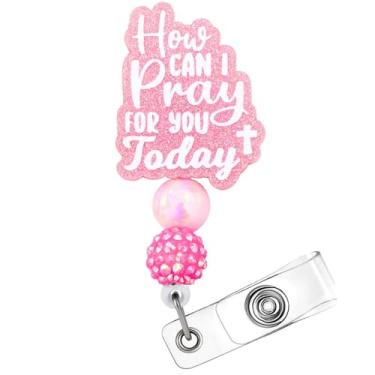 Imagem de Pray for You Carretel de crachá com contas em acrílico com glitter retrátil para identidade, clipe jacaré, fé cristã, acessórios espirituais, presentes decorativos para enfermeiras, colegas de igreja