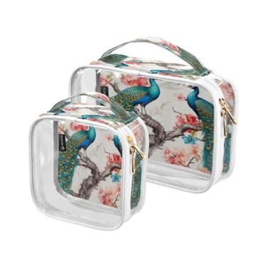 Imagem de GAIGEO Bolsa de cosméticos à prova d'água de Natal com estrelas e árvores, bolsas de maquiagem para viagens, bolsas de maquiagem para mulheres, pacote com 2, Pavões na árvore com flores rosa - 2, one