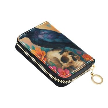 Imagem de Carteira feminina de caveira preta com estampa de corvo, porta-cartões, carteira masculina floral com bloqueio de RFID e bolso para moedas