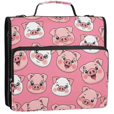 Imagem de Organizador de fichário com zíper fofo desenho animado porco rosa 3,8 cm 3 anéis d anel divertido bolsa escolar com alça de ombro pasta de armazenamento portfólio com alça, 34,5 x 31,5 x 9 cm