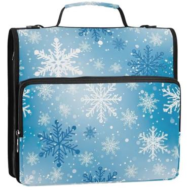 Imagem de Flocos de neve azul e branco 3 fichários de 3,8 cm D anel organizador de fichário escolar com alça de ombro vários bolsos pasta grande portfólio, 34,5 x 31,5 x 9 cm