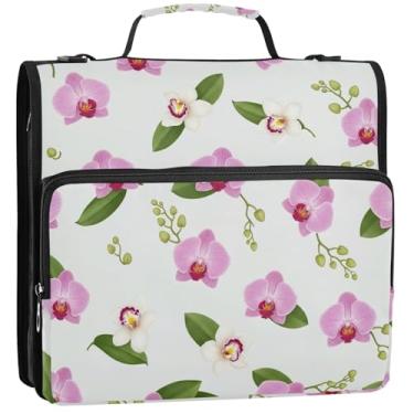 Imagem de Orquídeas, flores brancas, folhas verdes, 3 anéis, fichário, resistente, com zíper, bolsa organizadora com alça para escola, grande, vários bolsos, pasta grande, 34,5 x 31,5 x 9 cm