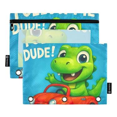 Imagem de GAIGEO Pasta para sala de aula, 3 anéis, estojo para lápis, fichário com zíper, bolsas de armazenamento, pastas escolares, bolsos transparentes, desenho animado verde, dinossauro 25 x 18 cm, 2 pacotes