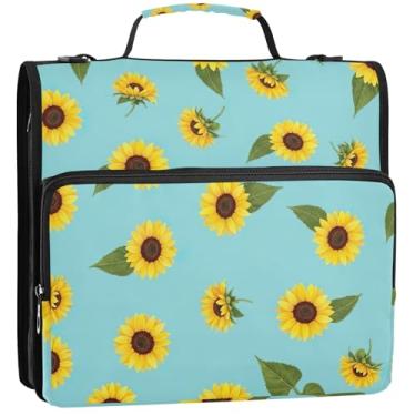 Imagem de Girassóis folhas verdes azuis 3 argolas fichário resistente com zíper fichário organizador com alça bolsa de ensino médio estojo portfólio com alça, 34,5 x 31,5 x 9 cm