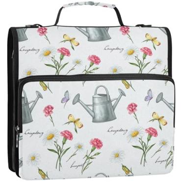 Imagem de Organizador de fichário com zíper, floral, vintage, 3 anéis, bolsa fofa para fichários do ensino médio com alça portfólio e estojo para pasta de anéis, 34,5 x 31,5 x 9 cm