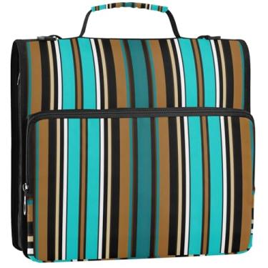 Imagem de Organizador de fichário com zíper, listras verticais, turquesa, 3 argolas, 3 anéis, bolsa resistente com alça para armazenamento escolar, pasta de portfólio com alça, 34,5 x 31,5 x 9 cm