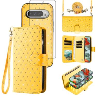 Imagem de Capa carteira compatível com Google Pixel 9 Pro XL com zíper celular protetor de tela de vidro temperado alça transversal com glitter flip porta-cartões capa para celular para Pixel9 9Pro 9ProXL nove