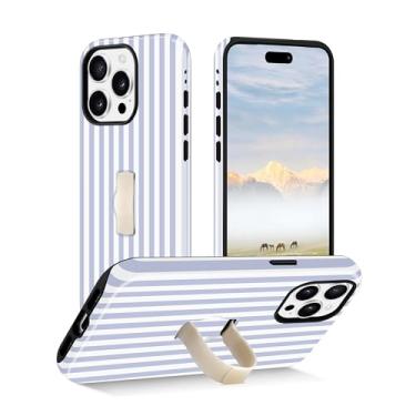 Imagem de Yebowe Capa de telefone listrada compatível com iPhone 16 Pro, com alça de dedo para mão, suporte, à prova de choque, capa protetora de TPU macio para mulheres e meninas, azul e branco