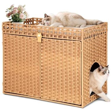 Imagem de Klippehop Caixa de areia para gatos fundo aberto, caixa de areia oculta PE Rattan à mão banheiro com tapete elevado de 5 cm, móveis grandes dobráveis para casa de gatos 77 x 46 x 61 cm, natural