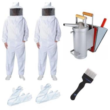 Imagem de Kit Apicultura 2 Roupa Macacão Brim Grosso + 2 Luvas + Fumigador + Gar