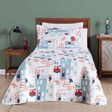 Imagem de Kit Cobre Leito Colcha Solteiro Infantil Fantasy Dupla Face Microfibra 2 Peças - Bombeiro Branco