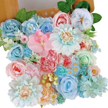 Imagem de LELEE Conjunto de caixa de flores artificiais flores de seda peônia rosa falsa para arranjos florais DIY buquês de casamento centros de mesa decoração de casa chá de bebê festa (azul rosa)