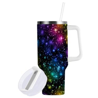 Imagem de JIPONI Copo de 1,134 g com alça e canudo, garrafa de água de galáxia com glitter arco-íris, caneca de viagem isolada a vácuo de aço inoxidável, livre de BPA, garrafa de viagem cabe no suporte de copo