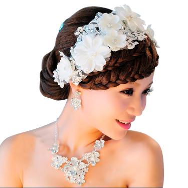 Imagem de Tiara Arranjo Cabelo Noiva Pérol Prateada Fio Strass Flor