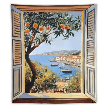 Imagem de Tapeçaria de veleiro Orange Tree Harbor Mediterrâneo Cidade Costeira Pintura a Óleo Pendurada na Parede Vibrante Decoração de Casa para Sala de Estar Quarto Arte Elegante Ornamento Náutico Exclusivo