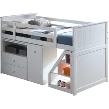 Imagem de Moldura de cama para móveis de quarto, beliche estofado de plataforma clássica com estrutura de escada deslizante Base de colchão sem necessidade de mola box para quarto (beliche branco T/T) (cama