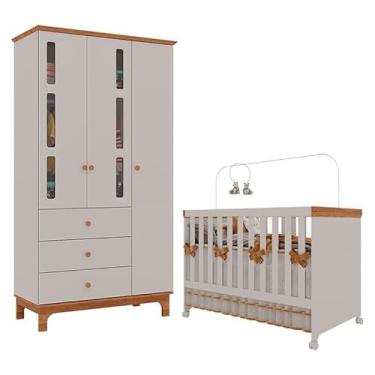 Imagem de Berço Americano Mini Cama com Guarda Roupa Infantil Antonella 3 Portas Off White Caramelo - Canaã