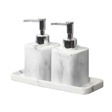 Imagem de Dispensadores de sabonete, elegante, com textura de mármore, conjunto com 2 dispensadores de sabão de resina e 1 bandeja conjunto de acessórios de banheiro para cozinha, banheiro (branco, 380 ml)