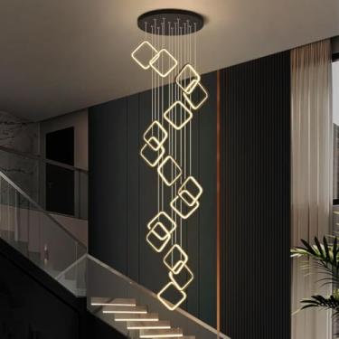 Imagem de Lustre moderno de LED para escada, em alumínio preto, com altura ajustável e anéis elegantes, dimerizável, ideal para escadas de casas de campo, salas de jantar e salas de estar com pé direi