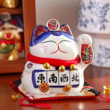 Imagem de FENNYYAR Gato da sorte azul Mahjong chinês de cerâmica, 13 cm, enfeite pequeno para mesa doméstica