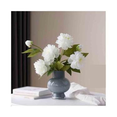 Imagem de KEG801302 Vaso de cerâmica de flores falsas, peônia branca, enfeite decorativo para sala de estar, mesa de jantar chinesa, flores falsas, decoração
