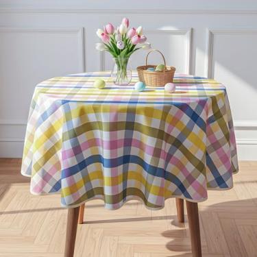 Imagem de LOSIVISHE Toalha de mesa de poliéster impermeável de Páscoa, capa de mesa de tecido xadrez pastel para festa de primavera, decoração de jantar de cozinha, toalha de mesa de pano fácil de cuidar para