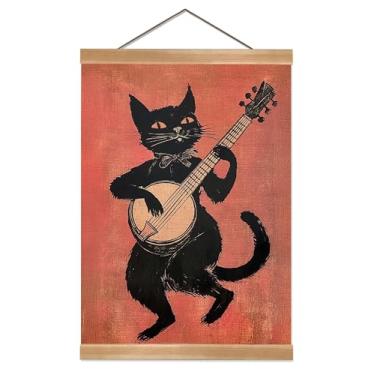 Imagem de ZTGDA Black Cat Playing a Banjo Art 1896 Boston MA Shortstory Poster Wall Art, pintura de pendurar em tela de linho, vintage Cats Wall Docer para quarto, sala de estar ou escritório (Black Cat-04)