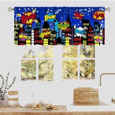 Imagem de Superhero City Curtain Valance, Kids Boys Comic Night Starry Skyline Cityscape Buildings Navy Rod Pocket Small Window Valance for Kitchen Living Room Bedroom Bathroom Nursery Playroom, 137.2 cm x 45.7