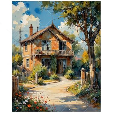 Imagem de Kit de pintura de paisagem por números para adultos - Casa rústica faça você mesmo com pintura de jardim em tela, conjunto de tinta acrílica, adequado para iniciantes, arte country para decoração de