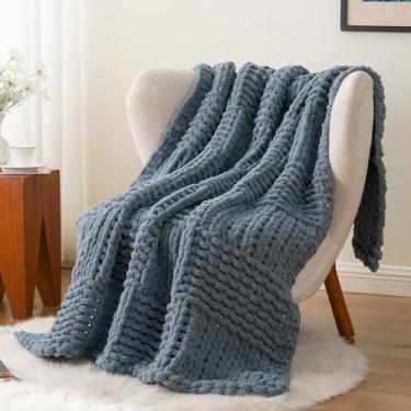 Imagem de Bunnikins & Clover Manta de malha grossa, manta de malha de chenille feita à mão para sofá, cobertor azul cinza para decoração de casa, 127 x 152 cm