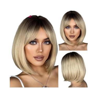 Imagem de Peruca Sintética Curta Lisa Branca Loira Cinza Com Franja Para Mulhere