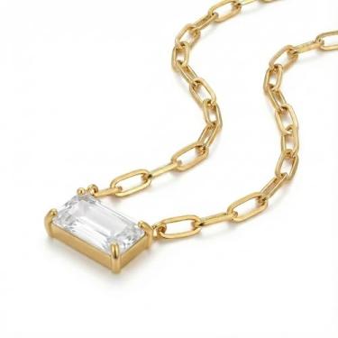 Imagem de DEPHINI Colar feminino banhado a ouro 18 k com clipe de papel – corrente de elos de aço inoxidável com pingente de zircônia cúbica – hipoalergênico, impermeável e ajustável para ela, Small, Metal