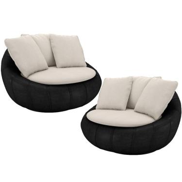 Imagem de Kit 02 Poltronas Para Sala De Estar Decorativa Giratória Kira Couríssimo Preto Linho Cru - Lyam Decor