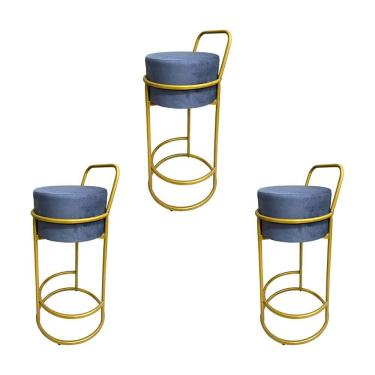 Imagem de Kit 3 Banquetas Alta Redonda Base Dourada Veludo - Cinza