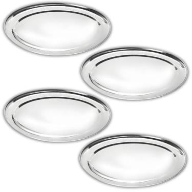 Imagem de Kit 4 Travessas Oval Rasa Aço Inox 30cm Para Servir Alimentos Porções 