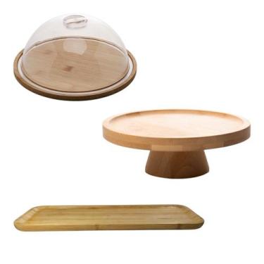 Imagem de Kit Bambu Queijeira 23cm Prato Com Pé 20cm Bandeja 44cm Café - Lyor