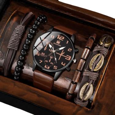 Imagem de Relógio Masculino Marrom Couro + Kit Pulseiras Moderno Luxo