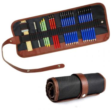 Imagem de Kit de lápis para desenho 26 peças Daerthotk com 14 lápis grafite, carvão, borrachas, acessórios e estojo em rolo de lona
