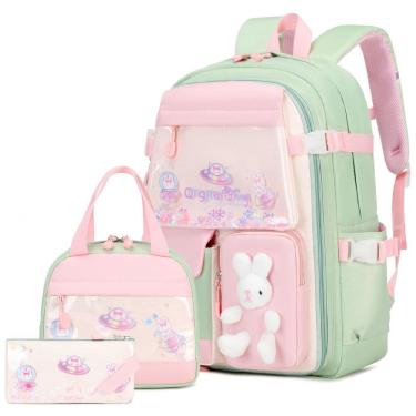 Imagem de Mochila escolar infantil FIXITOK coelho kawaii 3 peças, com lancheira térmica e estojo, nylon impermeável, verde e rosa