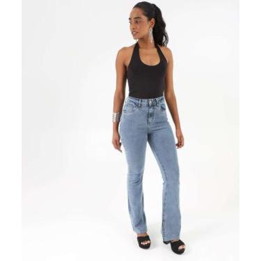 Imagem de Calça Feminina Jeans Flare Strass Bolsos Marisa Azul-74730, 42, Jeans 
