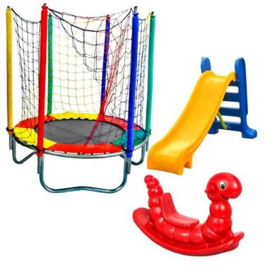 Imagem de Kit Cama Elástica Pula Pula Trampolim 1,40m Escorregador Médio Gangorr