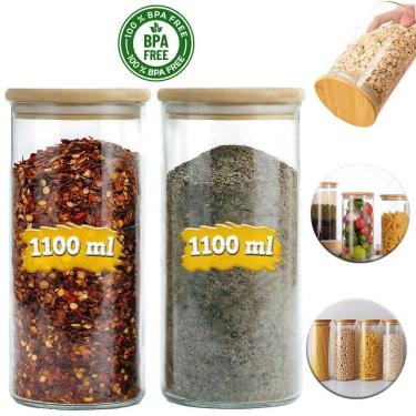Imagem de Kit 2 Potes De Vidro Premium 1100ml Frasco Hermético Temperos Tampa De Bambu - Lehaví